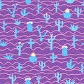Seamless patterns with different cacti. Bright repeating texture with blue cacti. Background with desert plants. Royalty Free Stock Photo