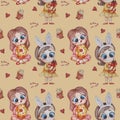 Seamless patterns - Easter pattern. Cute girls with bunny ears on their heads and Easter eggs in their hands on a yellow