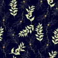 Seamless patterns for fabric from golden branches on a black background. Vector illustration for paper, tiles, fabrics