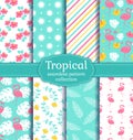 Seamless patterns with flamingos, tropical leaves and flowers. Vector set