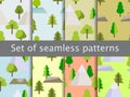 Seamless patterns with flat trees, tents and mountains. Adventures and trekking. Vector