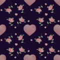 Seamless patterns. Floral pattern - Roses and hearts on a black background. Watercolor. Romantic pattern for valentine, print,