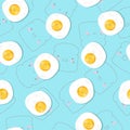 Seamless patterns with fried egg and bread on blue backgroun