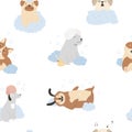 Seamless patterns with funny washing dogs of different breeds