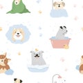 Seamless patterns with funny washing dogs of different breeds