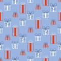 Seamless patterns with gift boxes on a light background. Festive flat style design for packaging and print. Vector