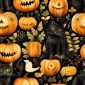 Seamless patterns Halloween day theme. Watercolor illustration background, Generative AI Royalty Free Stock Photo