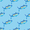 Seamless patterns Hand painted watercolor illustration of sea fish - tuna on a blue background. Sea food, fishing. For