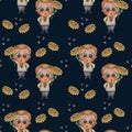 Seamless patterns. Handsome cute guy in an embroidered shirt with a yellow sunflower in his hand and flying bees on a