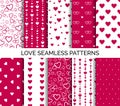 Seamless patterns with hearts. Set of vector backgrounds for Valentine`s day, wedding party