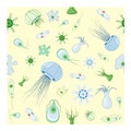 Seamless patterns with jellyfish, amoeba, Paramecium and other animals that live in reservoirs