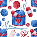 Seamless patterns with knitted basket for knitting with a large pattern, yarn and knitting needles. Hand drawn watercolor