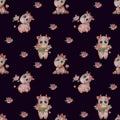 Seamless patterns. Little bulls boys with a red rose and a bouquet of tulips and a girl a girl cow with her tongue hanging out on Royalty Free Stock Photo