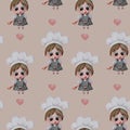 Seamless patterns. A little chef girl in a chefs hat and apron stands with a spoon and licks her lips on a light pink background Royalty Free Stock Photo