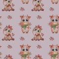 Seamless patterns. A little goby  a boy with a bouquet of tulips and a girl a cow with a tongue hanging out and bow on a light Royalty Free Stock Photo