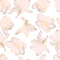 Seamless patterns. Luxurious gold and graceful magnolia twig and pink flower on a white background. Floral pattern, gold