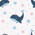 Seamless patterns with marine life. Cute blue whale with a crown and funny starfishes on light background. Vector. For design, Royalty Free Stock Photo