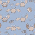 Seamless patterns with marine life. Cute funny crabs and corals on a light blue background. Vector. For design Royalty Free Stock Photo