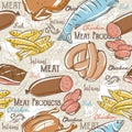Seamless Patterns with meat, fish, salami. Royalty Free Stock Photo