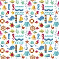 Seamless patterns with nautical elements wave paper ocean sea blue texture wallpaper marine vector illustration. Royalty Free Stock Photo