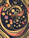 Seamless patterns of planets and stars, abstract, fabric art, illustration, universe, golden galaxy 3