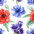 Seamless patterns, Poppies, anemones, blue bell flower, watercolor hand drawing, colorful flowers Royalty Free Stock Photo