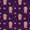 Seamless patterns. Portrait of girls blondes with a haircut and a smile on a dark purple background with flowers roses