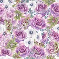 Seamless patterns with purple roses and anemones on a white isolated background. Hand-drawn watercolor illustration Royalty Free Stock Photo
