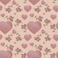 Seamless patterns. Rose flowers on a light pink background with hearts. Watercolor. Romantic pattern for valentine, print,