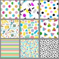 Seamless patterns. Geometric, alphabet, numeral, school backgrounds