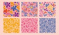 Seamless patterns set with abstract fluid shapes, hearts and groovy flowers, cartoon style. Funky retro style, Wavy