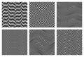 Seamless patterns set of black white distorted stripes. Optical vibrating fabric swatches design Royalty Free Stock Photo