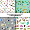 Seamless patterns set with fashion patch badges. Pop art. Royalty Free Stock Photo