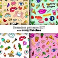 Seamless patterns set with fashion patch badges. Pop art. Stickers, pins, patches in cartoon 80s-90s comic style. Trendy Royalty Free Stock Photo