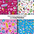 Seamless patterns set with fashion patch badges.