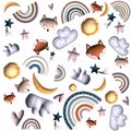 Seamless patterns set with fox,clouds,rainbows,hearts,moons and stars. Relief 3D. Baby decorations