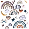 Seamless patterns set with fox,clouds,rainbows,hearts,moons and stars. Relief 3D. Baby decorations Royalty Free Stock Photo