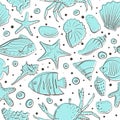 Seamless patterns with shell, starfish, fish, stone. Vector set for design in sea beach style. Blue exotic underwater