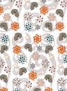 Seamless patterns with skulls and orange and grey flowers