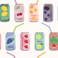 Seamless patterns of soft drinks in aluminum cans with soda and lemonade. Carbonated non-alcoholic water with fruit, berry flavors Royalty Free Stock Photo