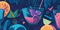 Seamless patterns stary night many colorful detailed cocktails and drinks icons