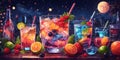 Seamless patterns stary night many colorful detailed cocktails and drinks icons