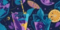 Seamless patterns stary night many colorful detailed cocktails and drinks icons