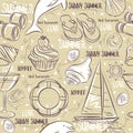 Seamless Patterns with summer symbols, boat, shels, dolphin