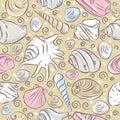 Seamless Patterns with summer symbols, shellfish and clams on