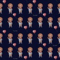 Seamless patterns. Sweet tooth boy with candy and ice cream in his hands on a dark blue background with balloons. Written - My Royalty Free Stock Photo