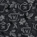 Seamless patterns with tea set, cup, teapot, leafs, flower and text on chalkboard. Background with tea set. Ideal for printing ont Royalty Free Stock Photo