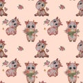 Seamless patterns. Three Little cute animals - boys bulls with a rose and a bouquet of tulips and a cow girl with her tongue Royalty Free Stock Photo