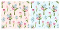 Seamless patterns with tulip, hyacinth, lily of the valley, and forget-me-not flowers. Vector floral prints