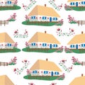 Seamless patterns Ukrainian rural house with wooden fence. Ukrainian traditional house with white walls Royalty Free Stock Photo